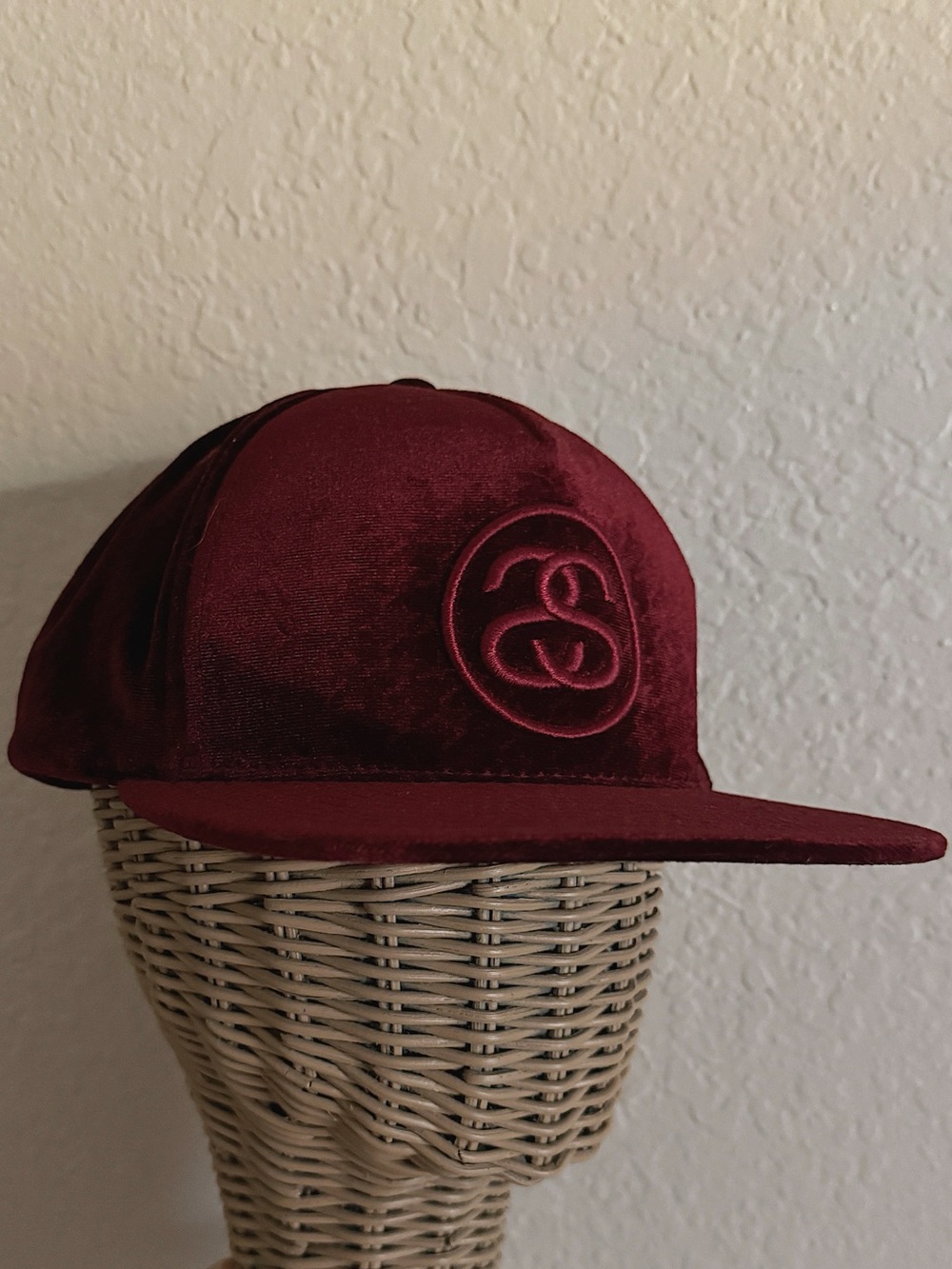 STUSSY Burgundy Velour Strap Back Logo Cap